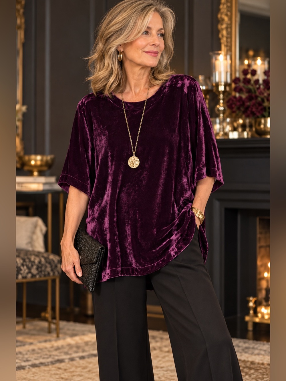 Eileen Fisher Silk Rayon Velvet Tunic Top Plum Purple M Oversized